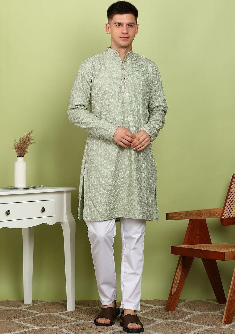 Green Printed Viscose Kurta For Men - Indya