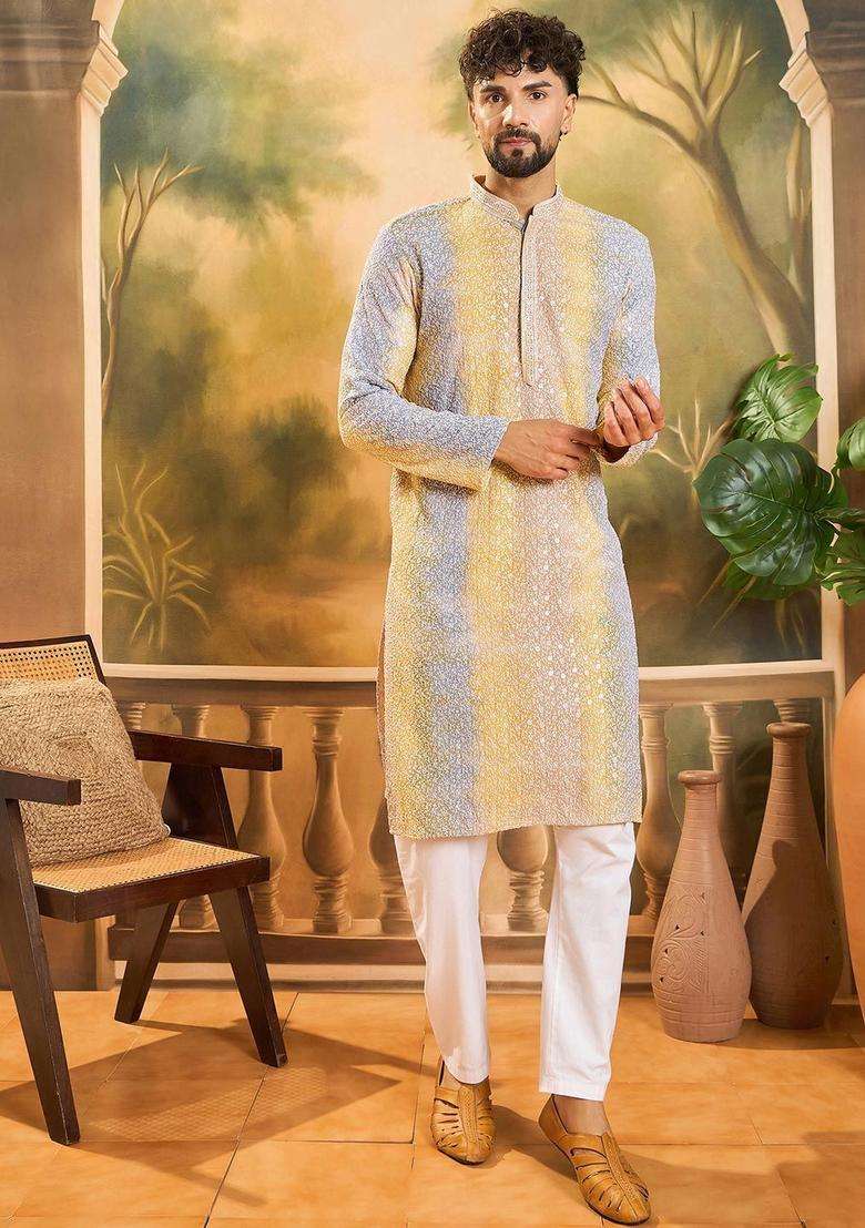 Multi Embroidered Viscose Kurta For Men - Indya