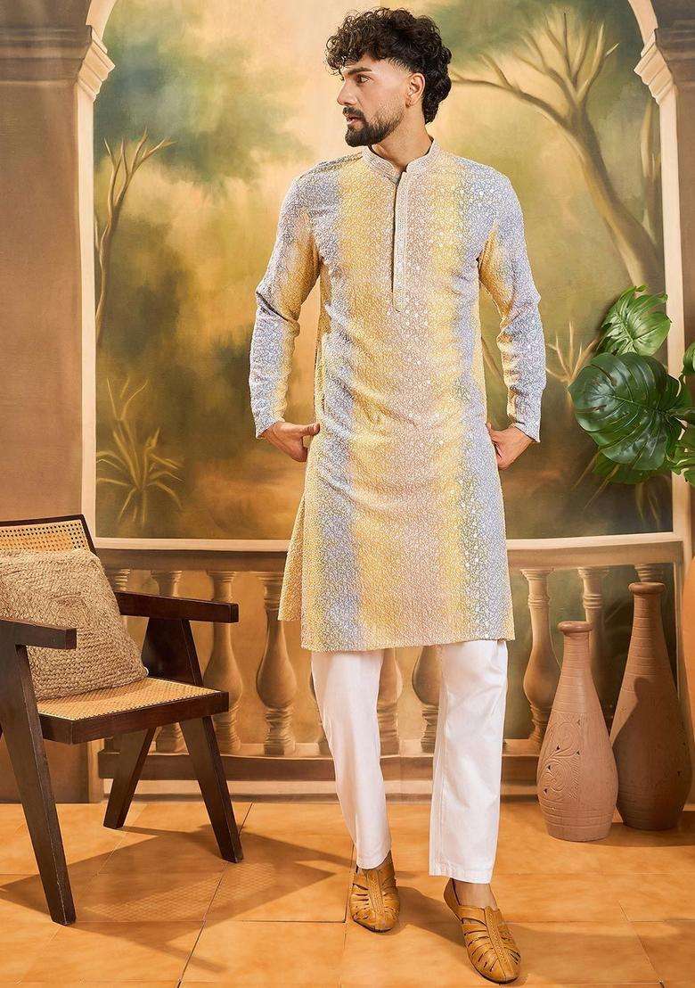 Multi Embroidered Viscose Kurta For Men - Indya