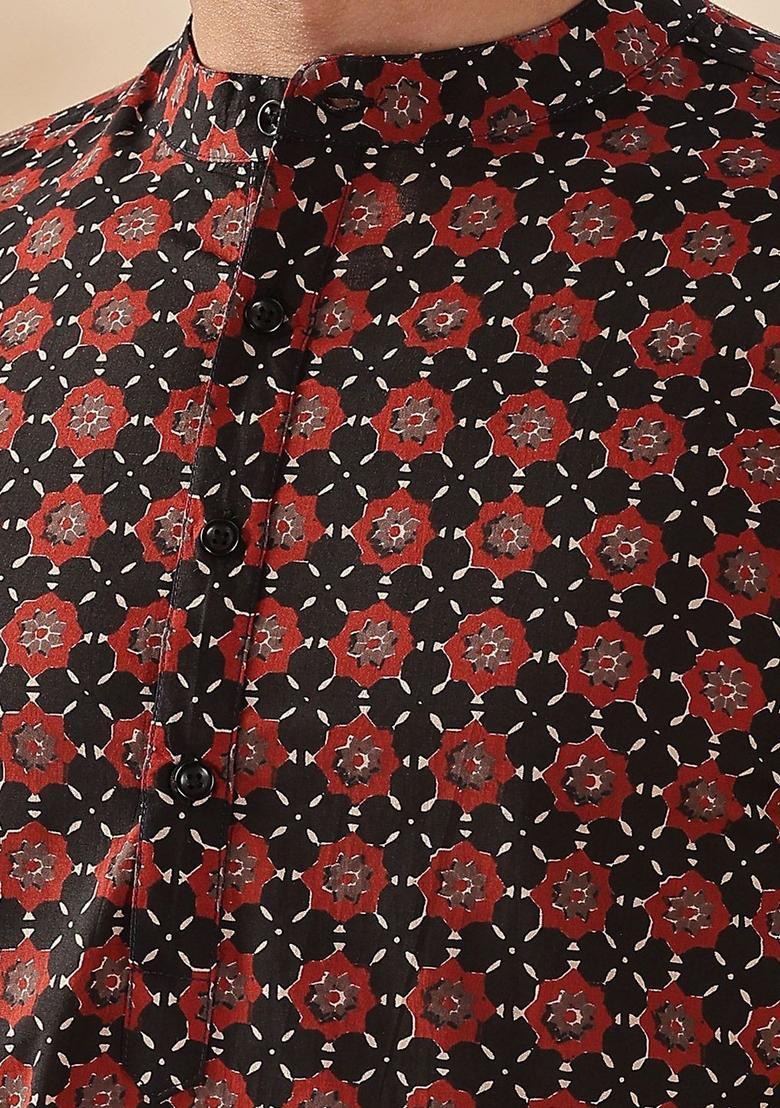 Black Printed Cotton Kurta For Men - Indya