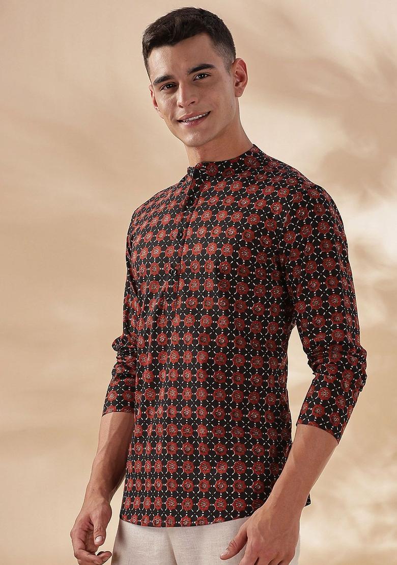 Black Printed Cotton Kurta For Men - Indya