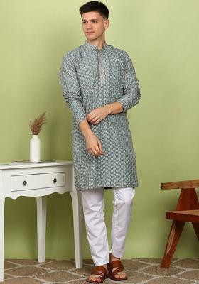 Green Printed Viscose Kurta For Men