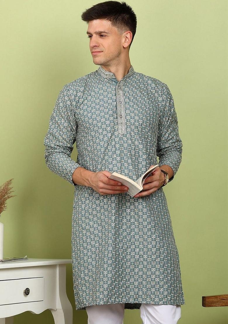 Green Printed Viscose Kurta For Men - Indya