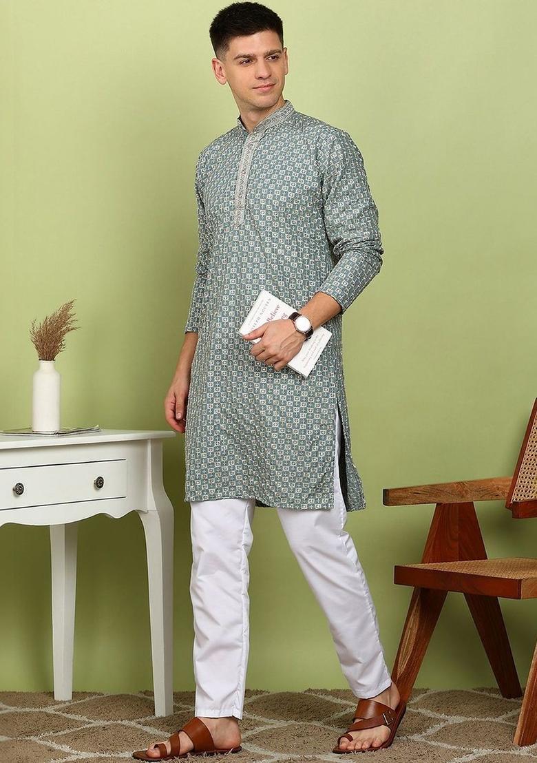 Green Printed Viscose Kurta For Men - Indya