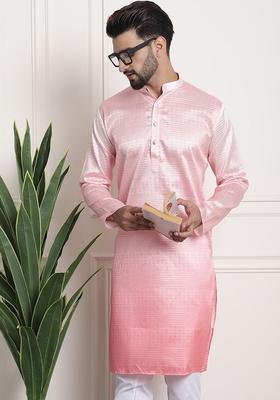 Pink Woven Design Cotton Kurta For Men
