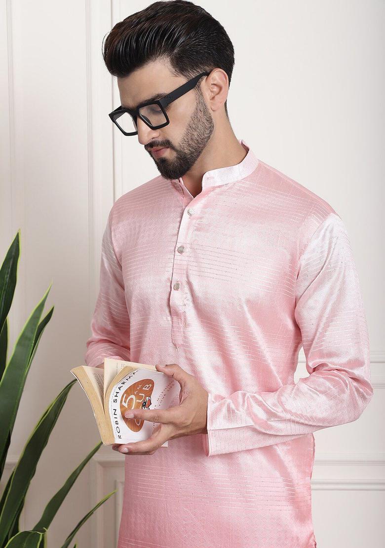 Pink Woven Design Cotton Kurta For Men - Indya