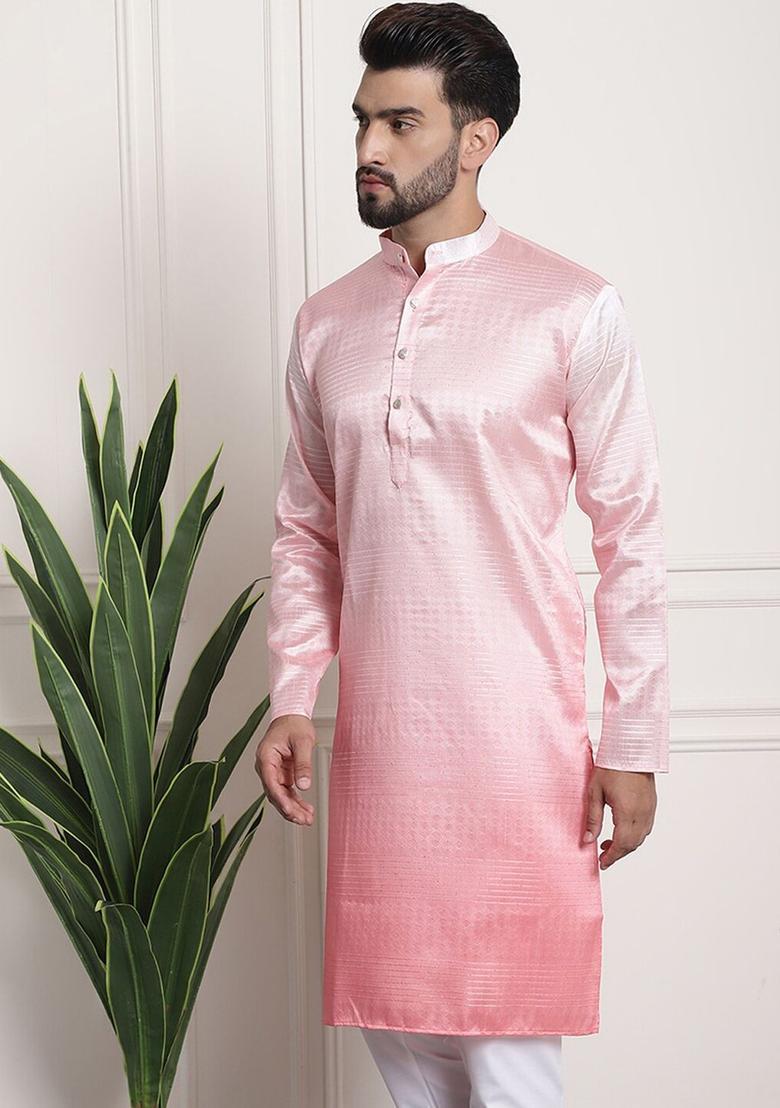 Pink Woven Design Cotton Kurta For Men - Indya