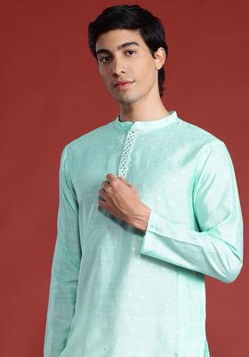 Blue Woven Design Polyester Kurta For Men