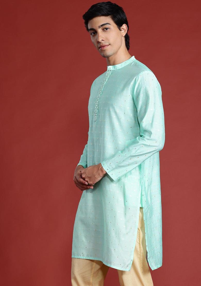 Blue Woven Design Polyester Kurta For Men - Indya