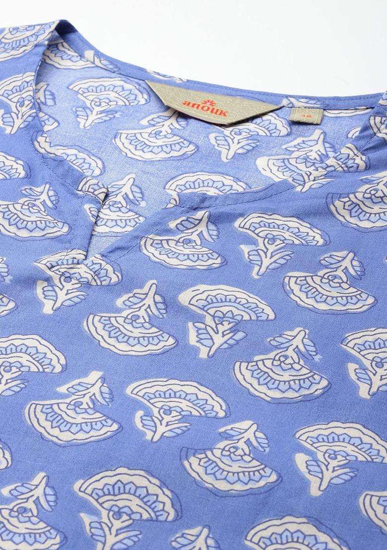Blue Printed Cotton Kurta For Men - Indya