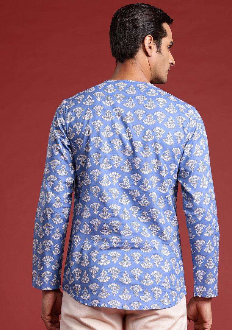 Blue Printed Cotton Kurta For Men - Indya