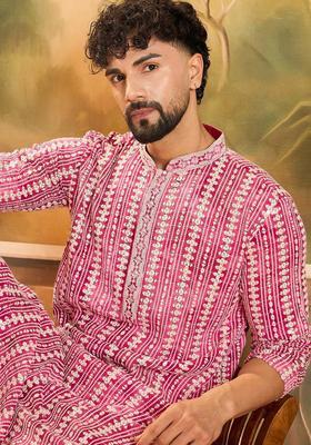 Red Embroidered Viscose Kurta For Men