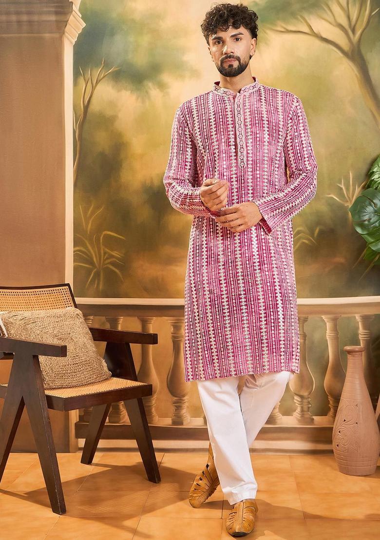 Red Embroidered Viscose Kurta For Men - Indya
