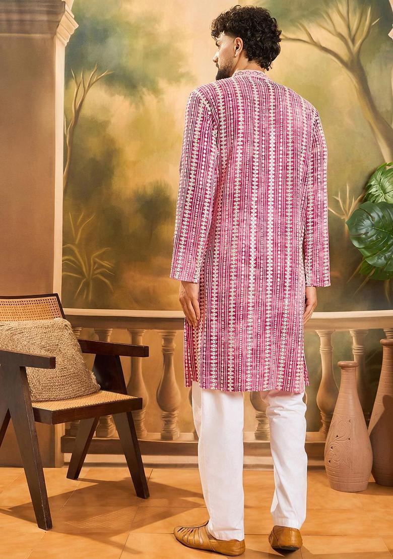 Red Embroidered Viscose Kurta For Men - Indya