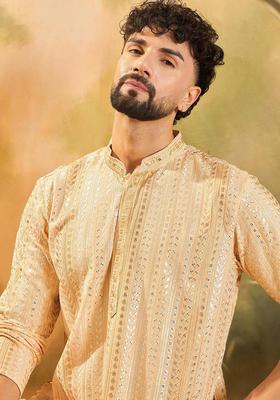 Beige Embroidered Viscose Kurta For Men