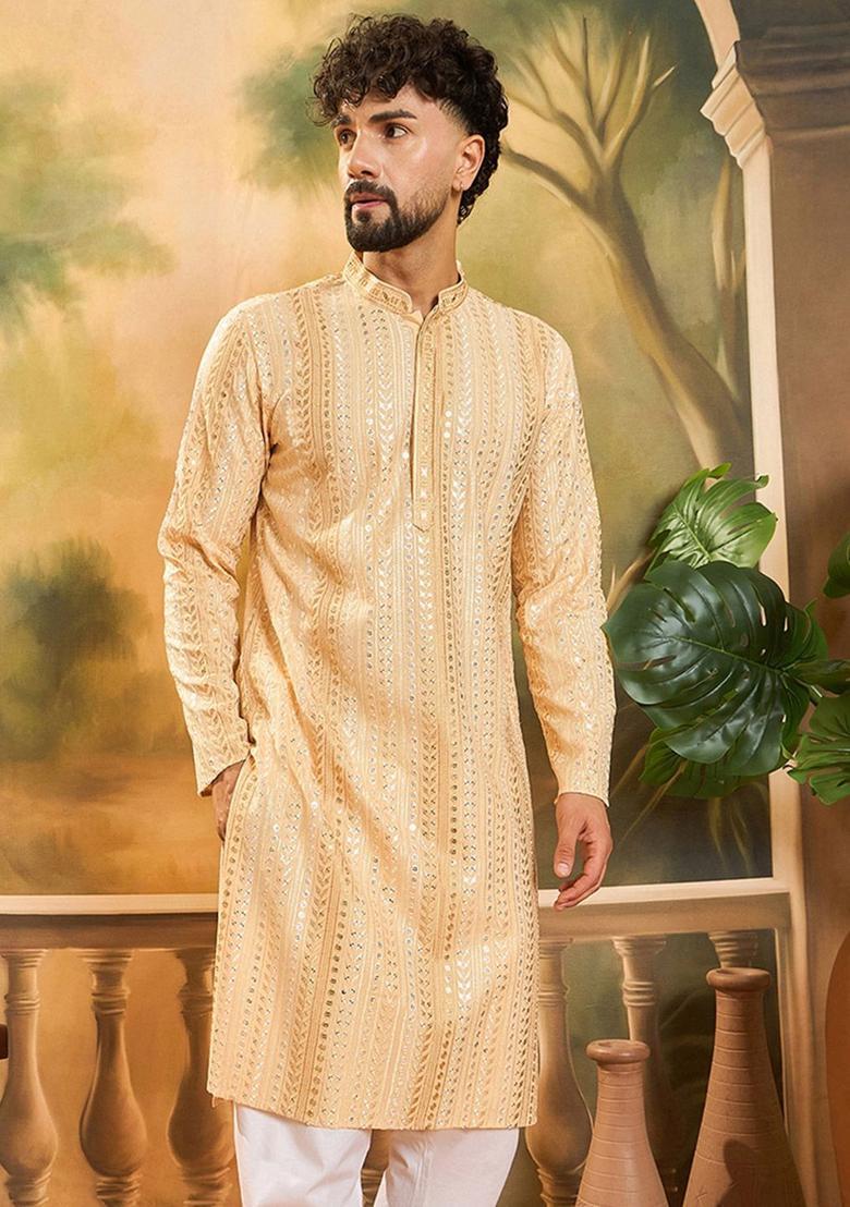 Beige Embroidered Viscose Kurta For Men - Indya