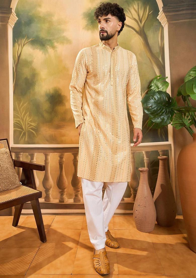Beige Embroidered Viscose Kurta For Men - Indya