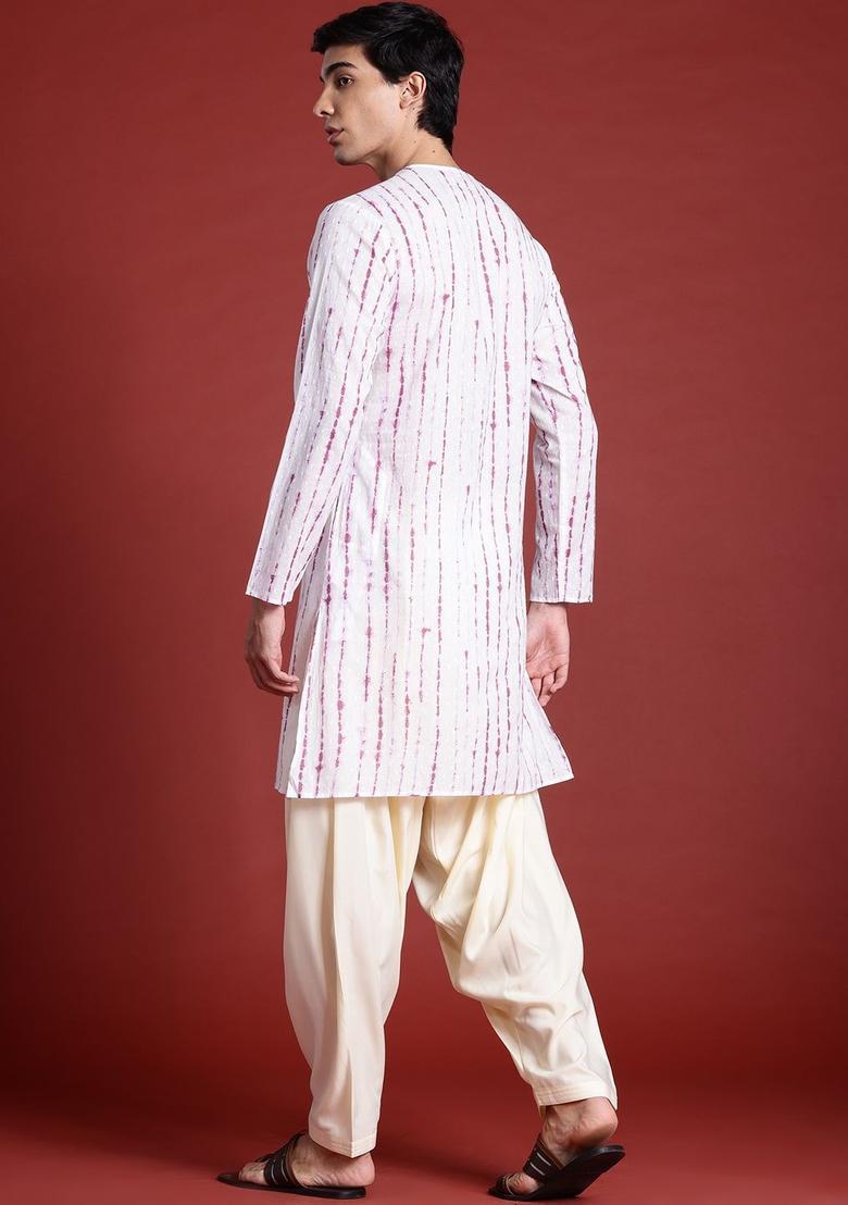 White Printed Cotton Kurta For Men - Indya