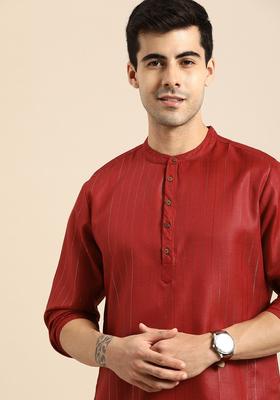 Red Striped Polyester Kurta For Men