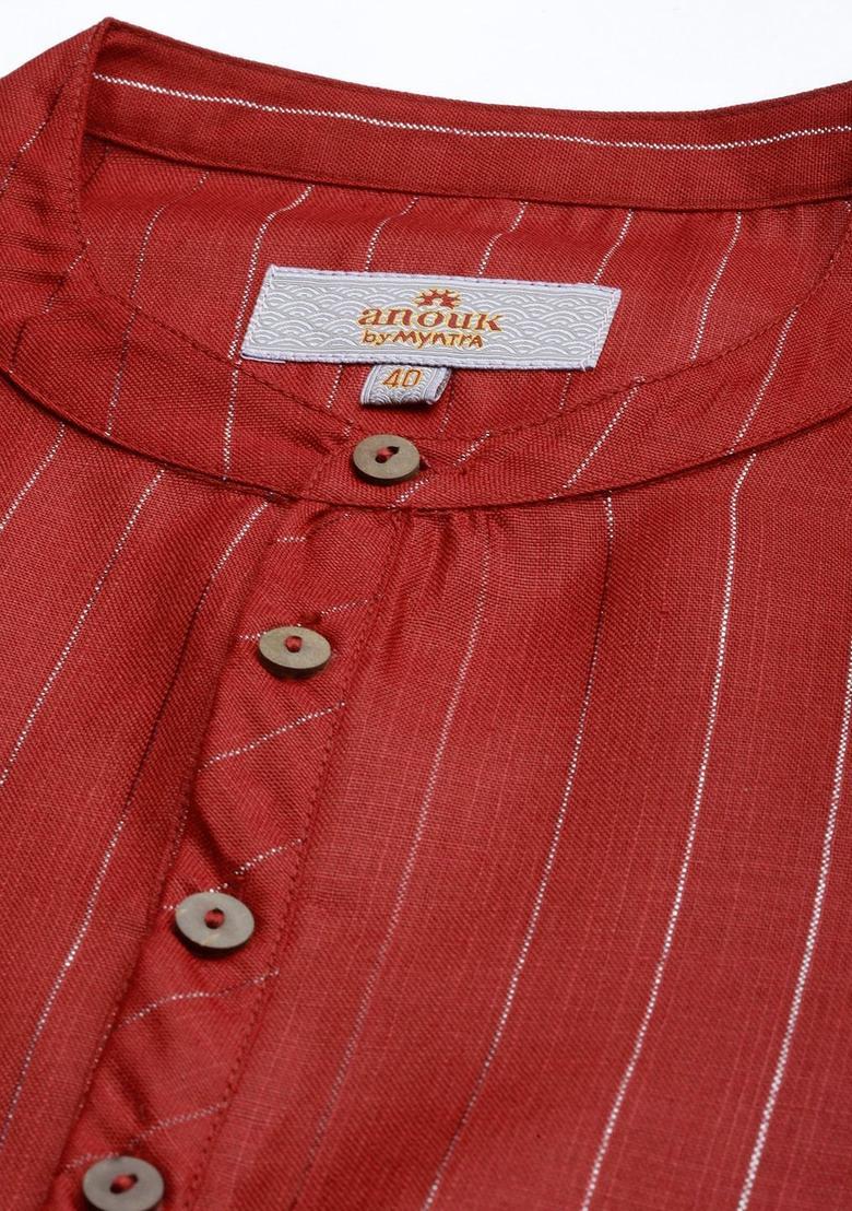 Red Striped Polyester Kurta For Men - Indya