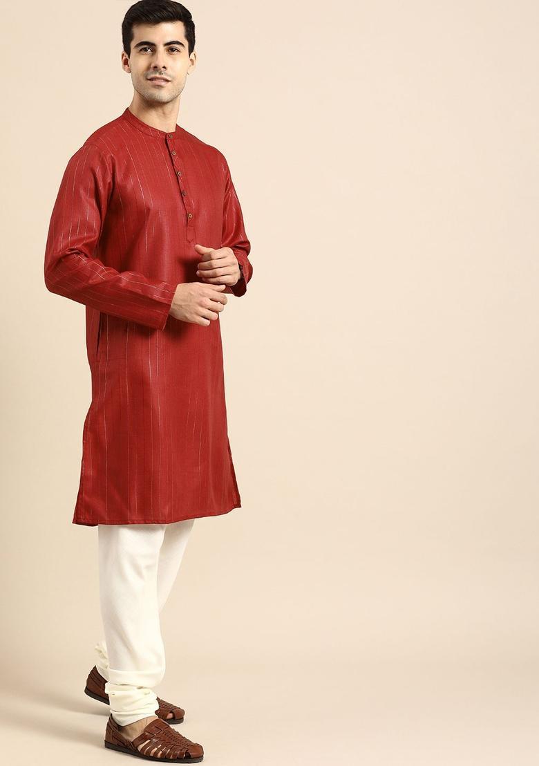 Red Striped Polyester Kurta For Men - Indya