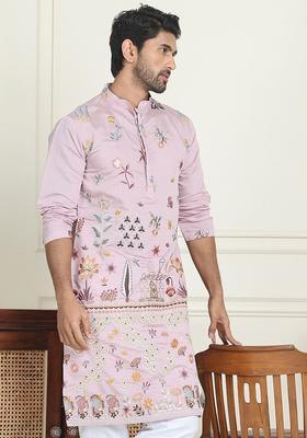 Purple Embroidered Silk Kurta For Men