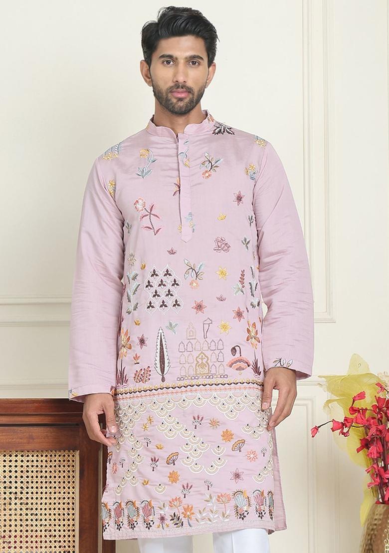 Purple Embroidered Silk Kurta For Men - Indya