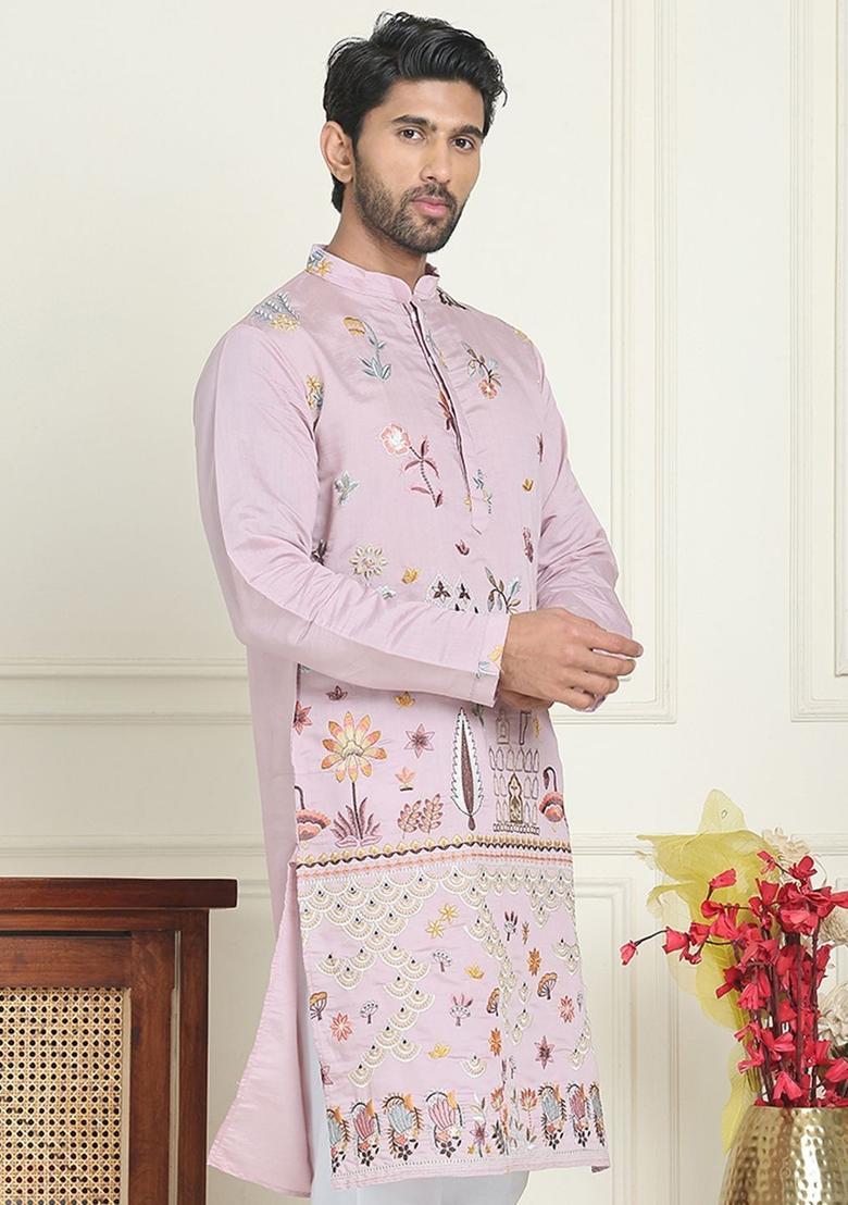 Purple Embroidered Silk Kurta For Men - Indya