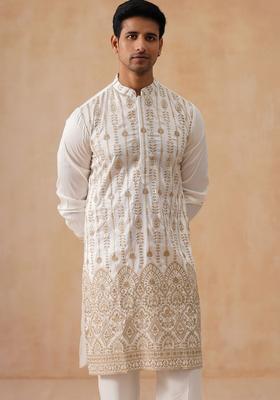 White Woven Design Cotton Kurta For Men