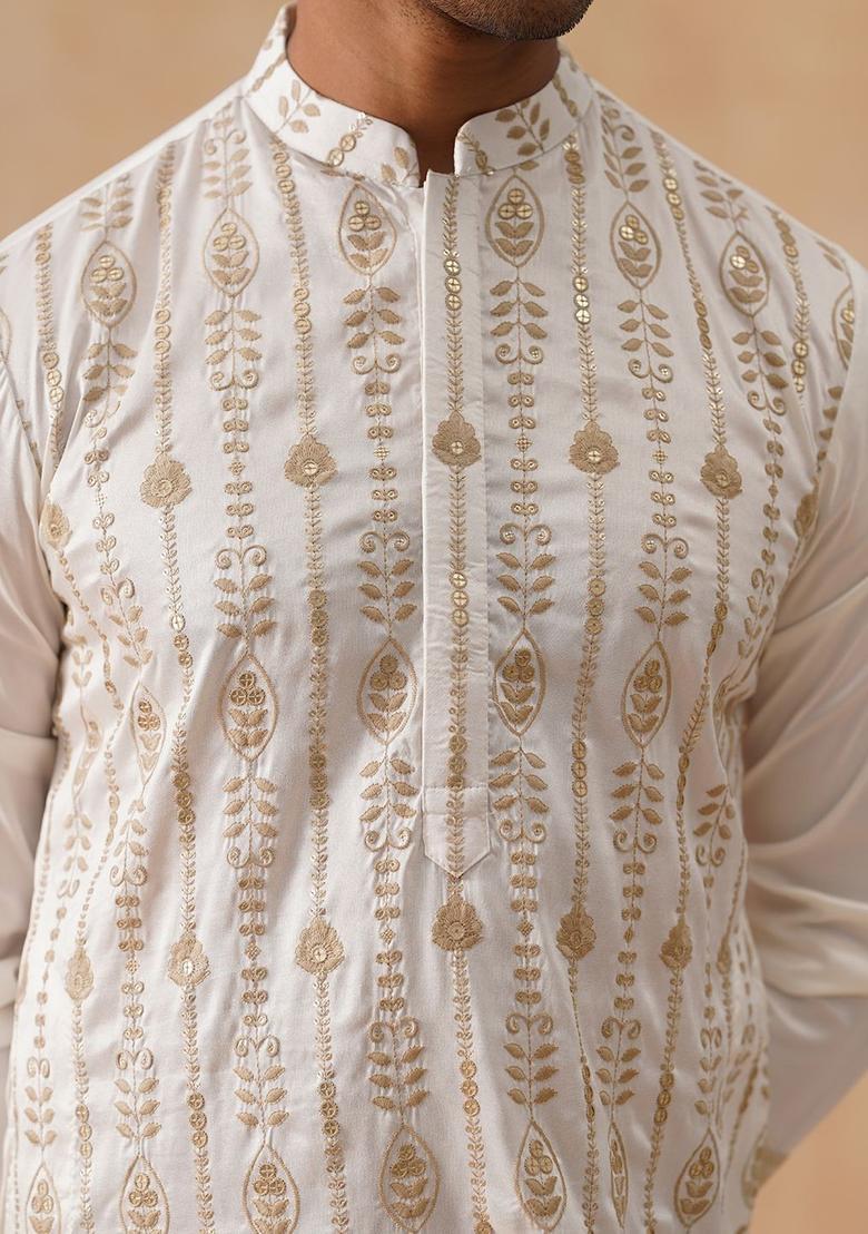 White Woven Design Cotton Kurta For Men - Indya