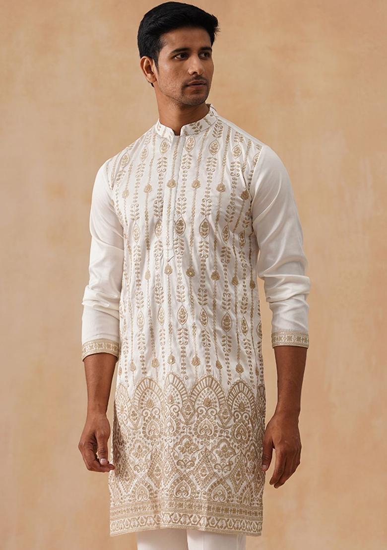 White Woven Design Cotton Kurta For Men - Indya