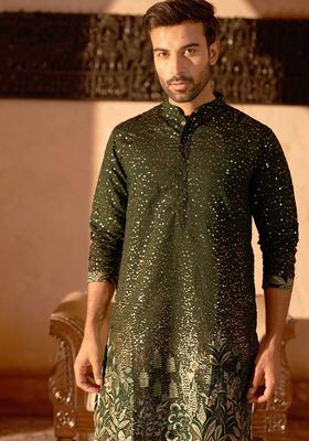 Olive Embroidered Silk Kurta For Men