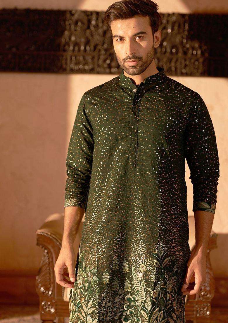 Olive Embroidered Silk Blend Kurta For Men - Indya