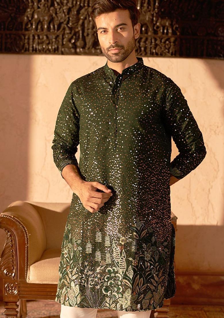 Olive Embroidered Silk Kurta For Men - Indya