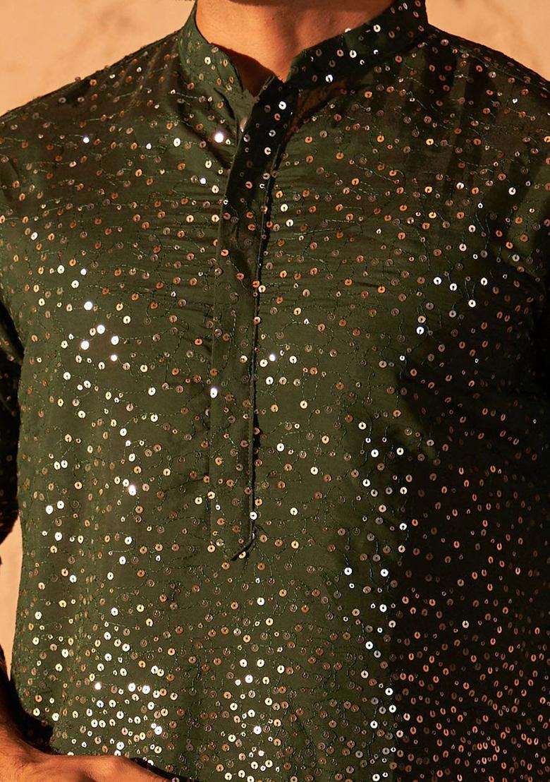 Olive Embroidered Silk Blend Kurta For Men - Indya