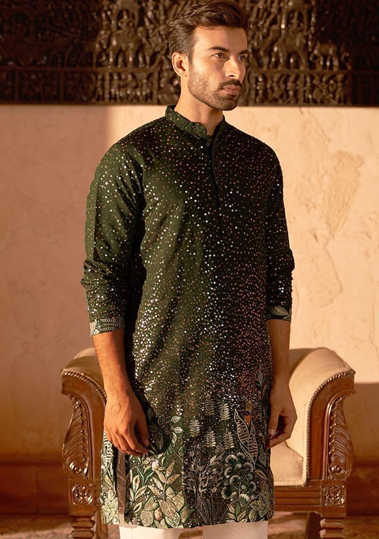 Olive Embroidered Silk Kurta For Men - Indya