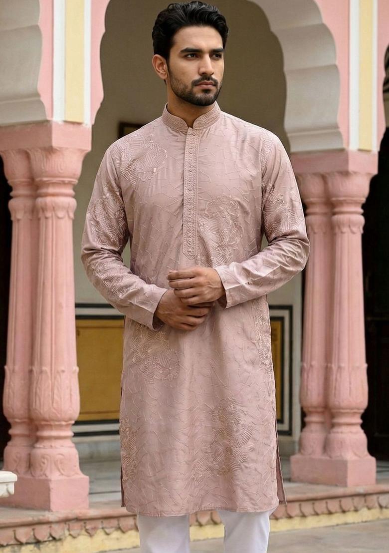 Peach Embroidered Silk Kurta For Men - Indya