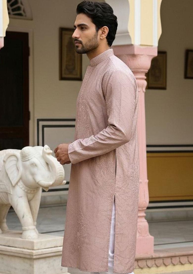 Peach Embroidered Silk Kurta For Men - Indya