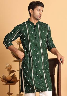 Olive Embroidered Silk Kurta For Men
