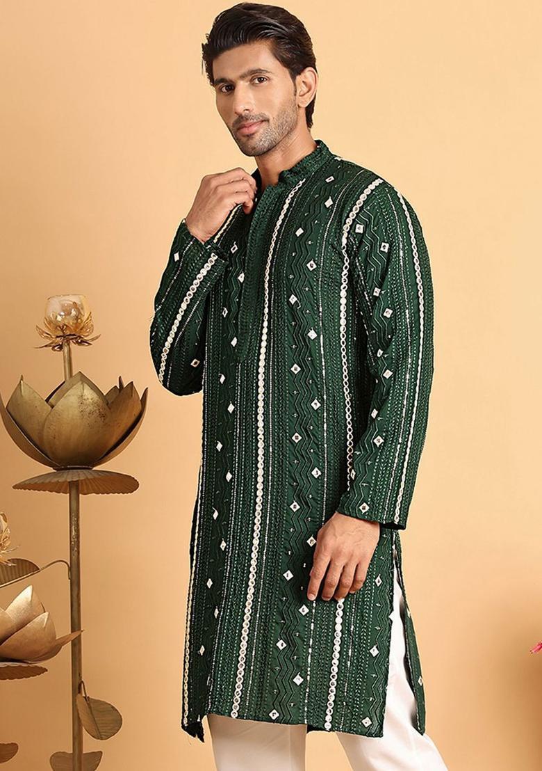 Olive Embroidered Silk Kurta For Men - Indya