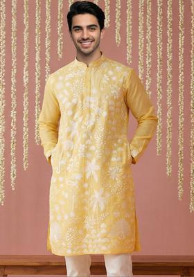 Yellow Embroidered Silk Kurta For Men