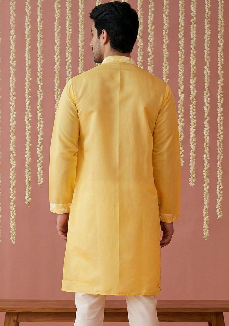 Yellow Embroidered Silk Kurta For Men - Indya