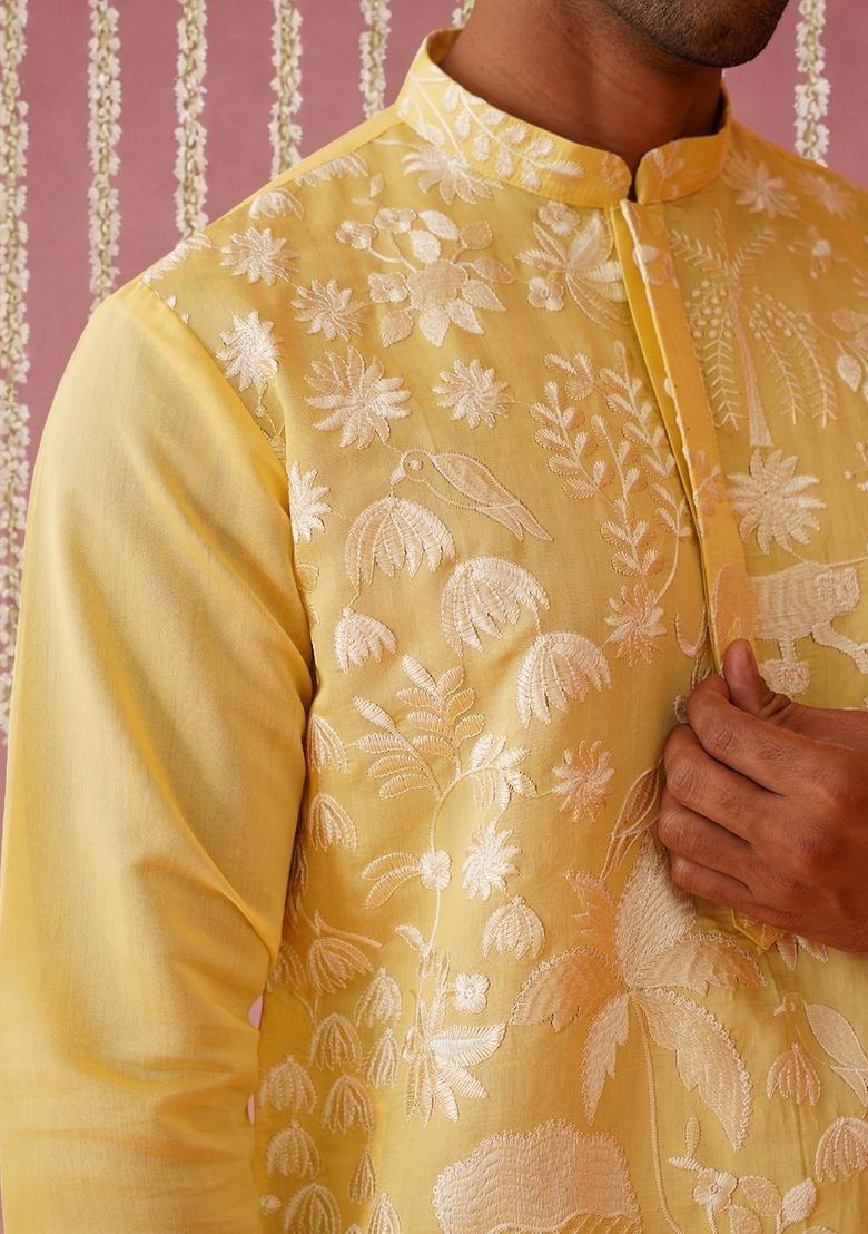 Yellow Embroidered Silk Kurta For Men - Indya