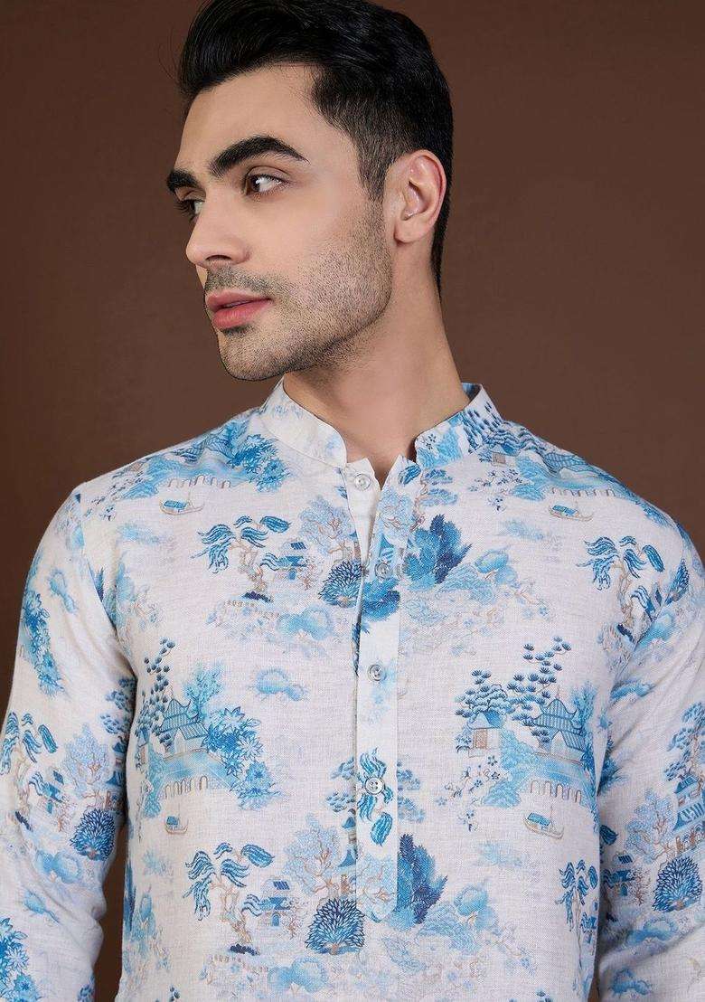 White Printed Linen Kurta For Men - Indya