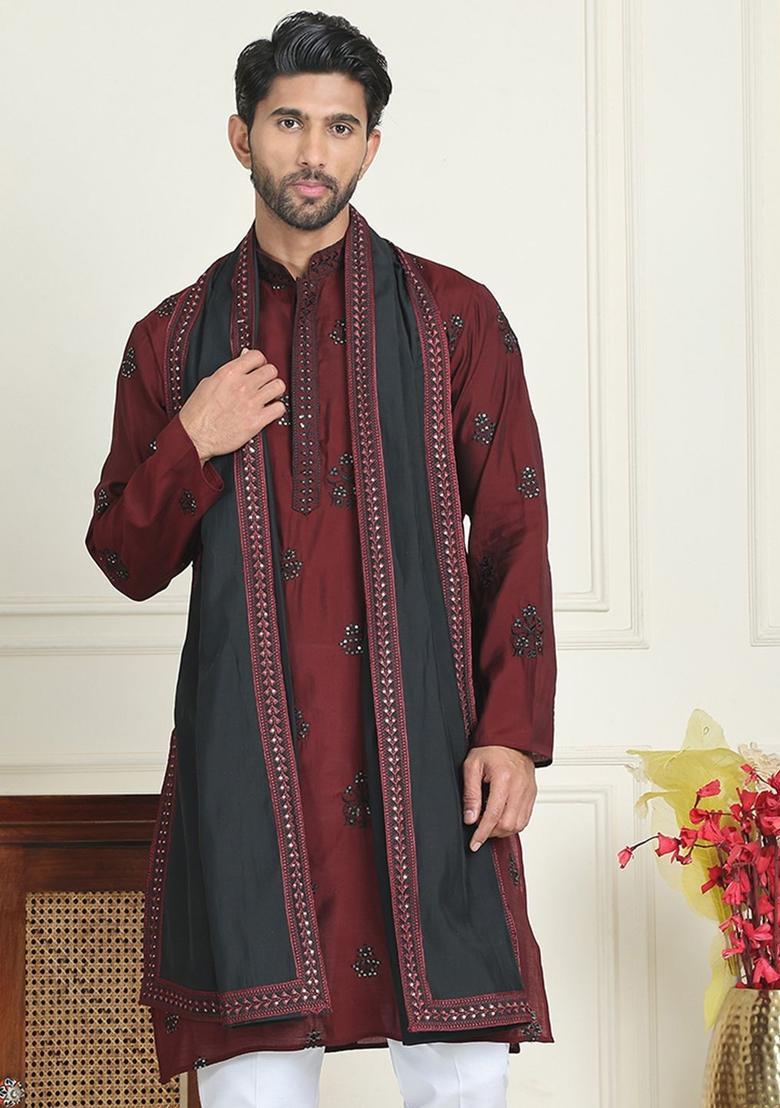 Maroon Embroidered Silk Kurta With Dupatta For Men - Indya