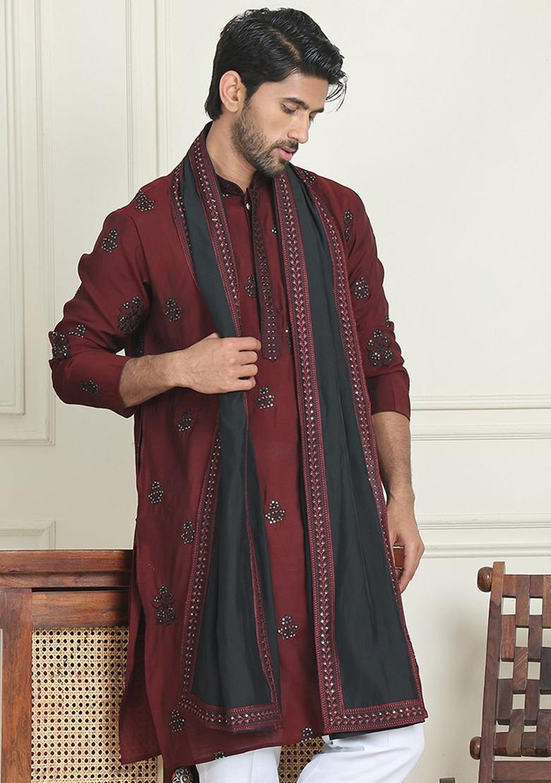 Maroon Embroidered Silk Kurta With Dupatta For Men - Indya