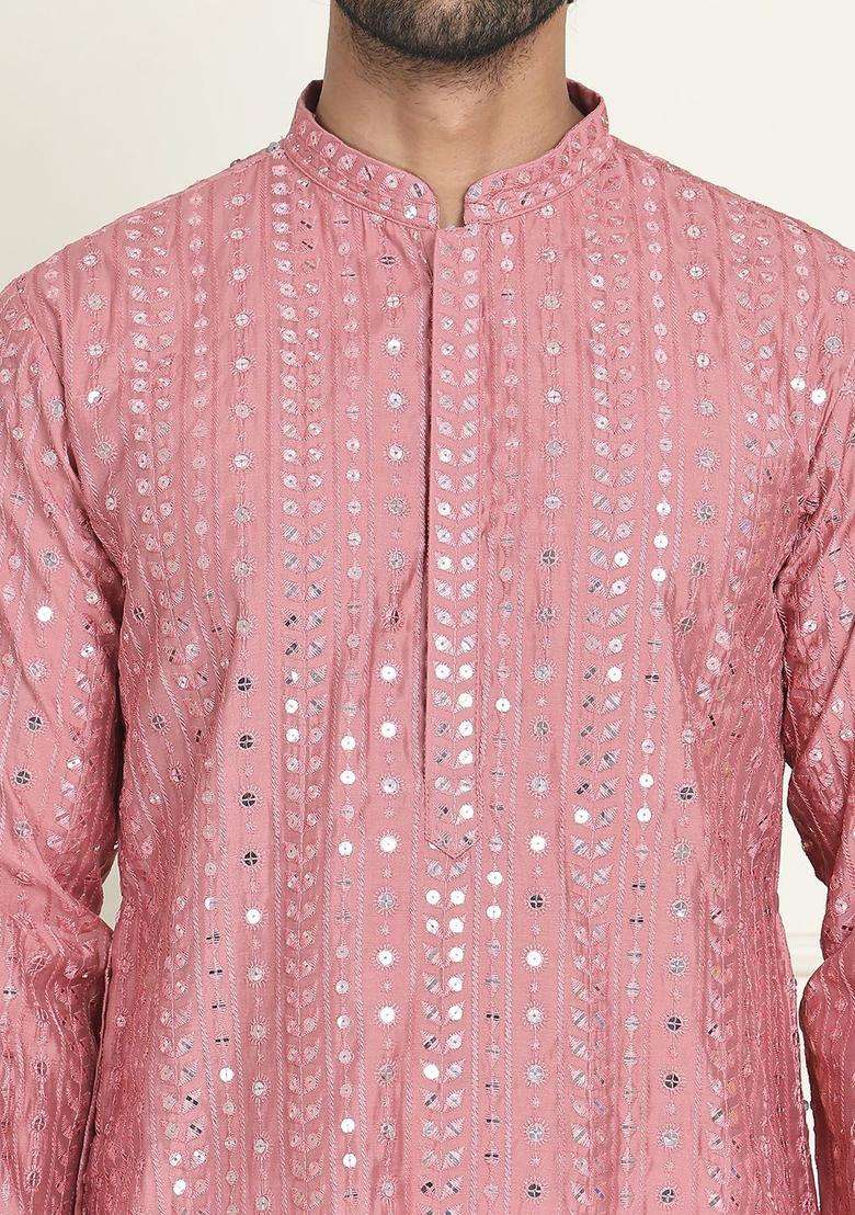 Coral Embroidered Silk Blend Kurta For Men - Indya
