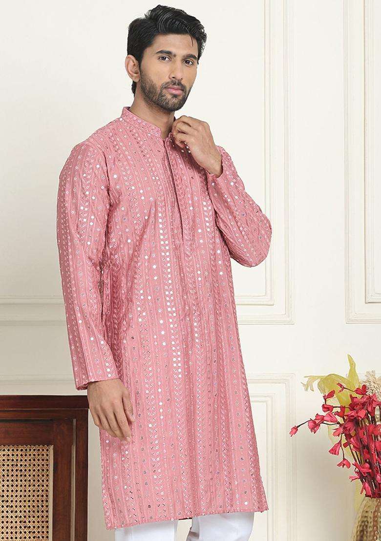 Coral Embroidered Silk Blend Kurta For Men - Indya