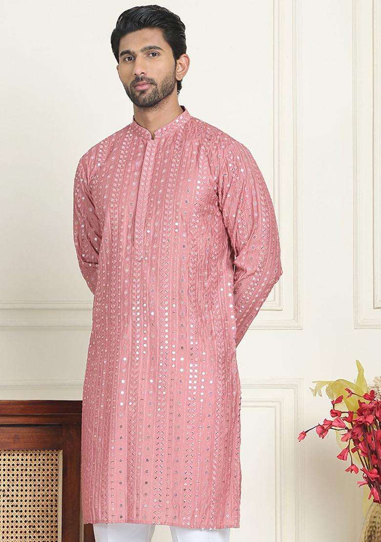 Coral Embroidered Silk Blend Kurta For Men - Indya