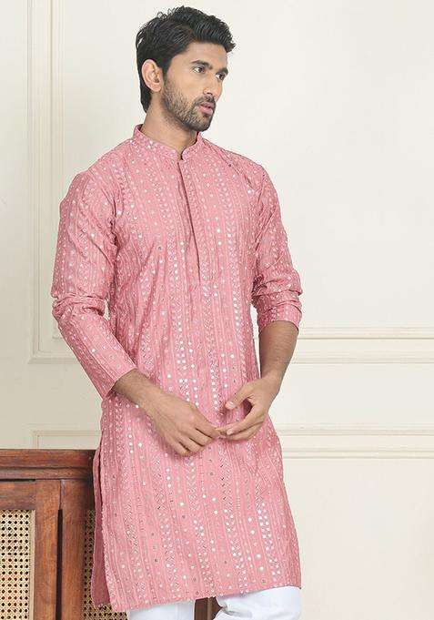 Coral Embroidered Silk Blend Kurta For Men